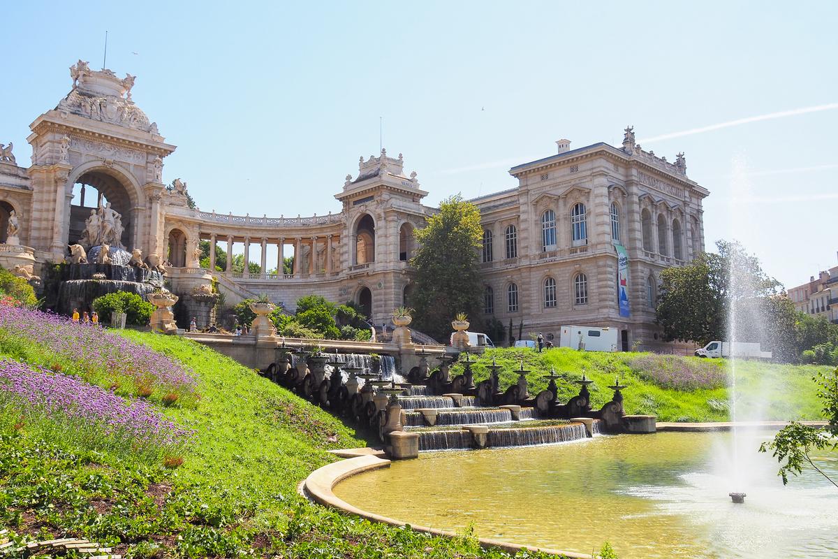 Palais Longchamp, historic landmark with gardens, fountains, museums in Marseille, France