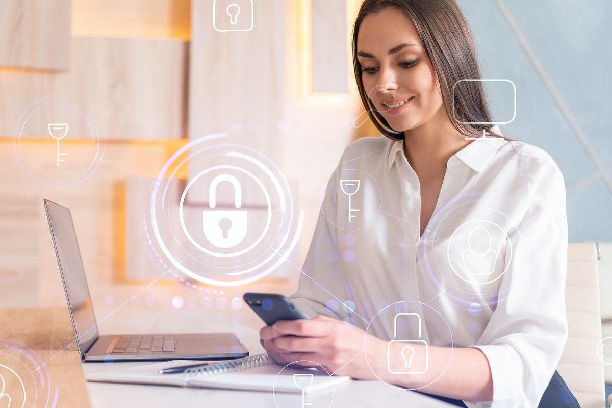 Professional Woman Ensuring Digital Security in Modern Office