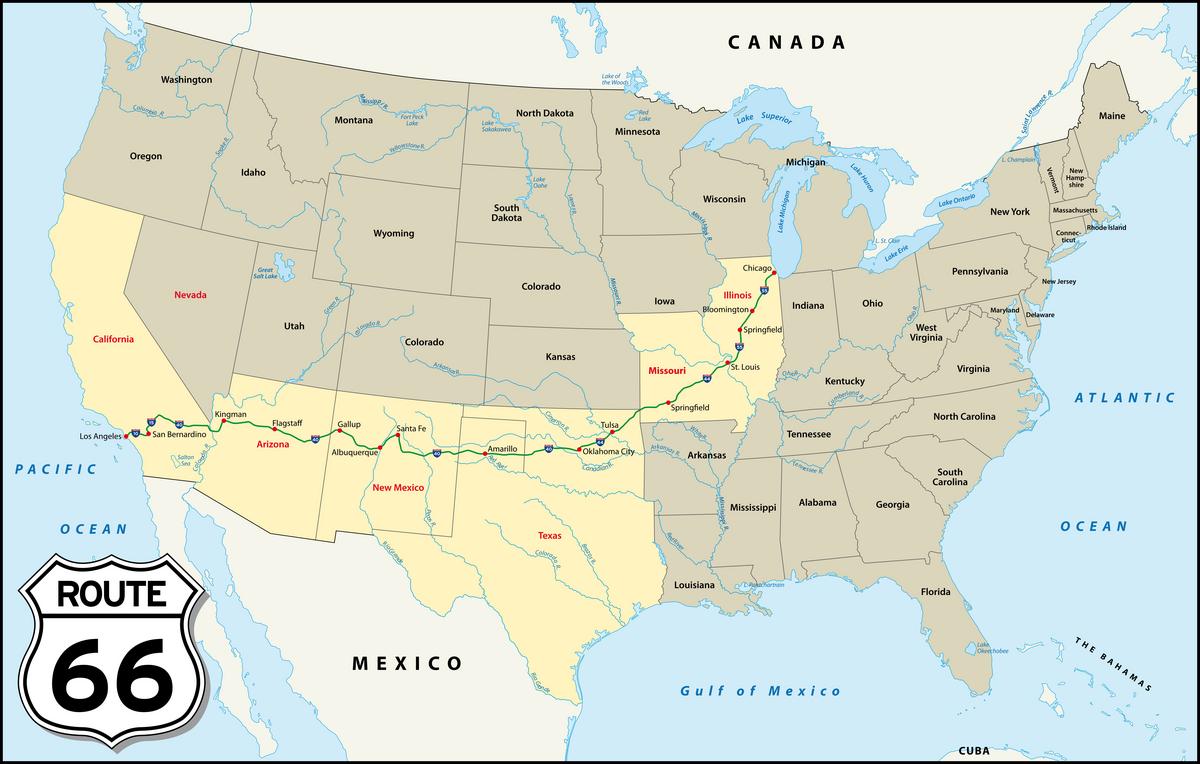 Route 66 US Map showing journey from Chicago, Illinois to Los Angeles, California, passing through Missouri, Kansas, Oklahoma, Texas, New Mexico, and Arizona.
