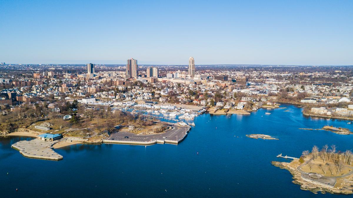 New Rochelle waterfront, marina, and residential skyline on Long Island Sound