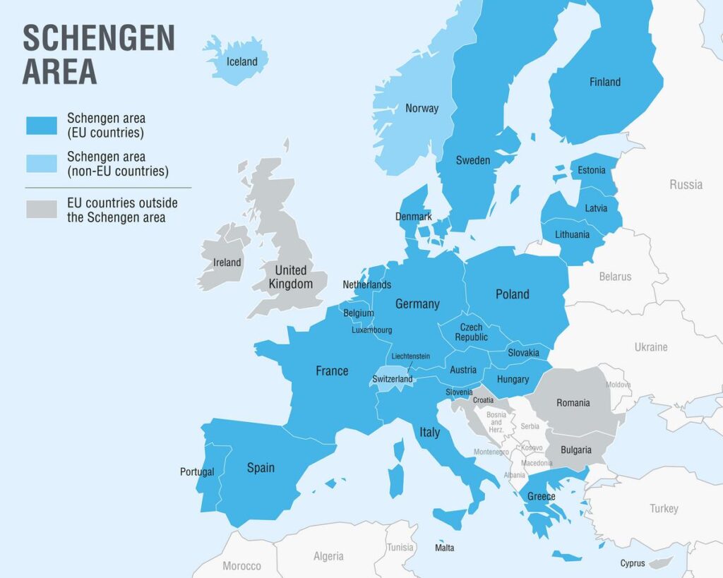 Schengen Area Map: EU and non-EU countries, color-coded for easy identification.