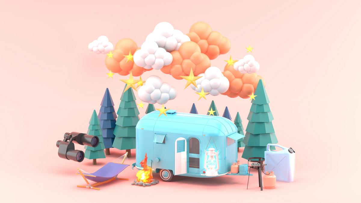 3D campsite scene with motorhome, pine trees, campfire, and stargazing equipment on serene pink background