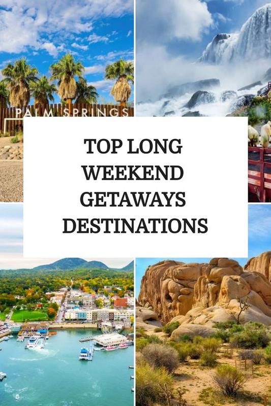 Long weekend getaway destinations with images of Palm Springs, waterfall, coastal town, and desert rock formations.