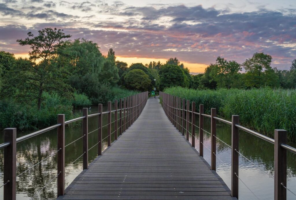 Wooden footbridge over water at sunset in Park Frankendael