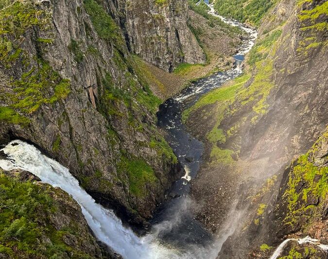 Breathtaking view from Voringsfossen bridge viewpoint, waterfall and gorge in Hardangervidda, Norway