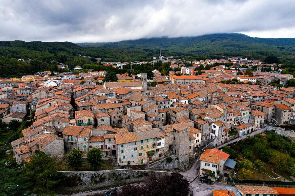 Aerial view of historic Abbadia San Salvatore village in Tuscany, Italy