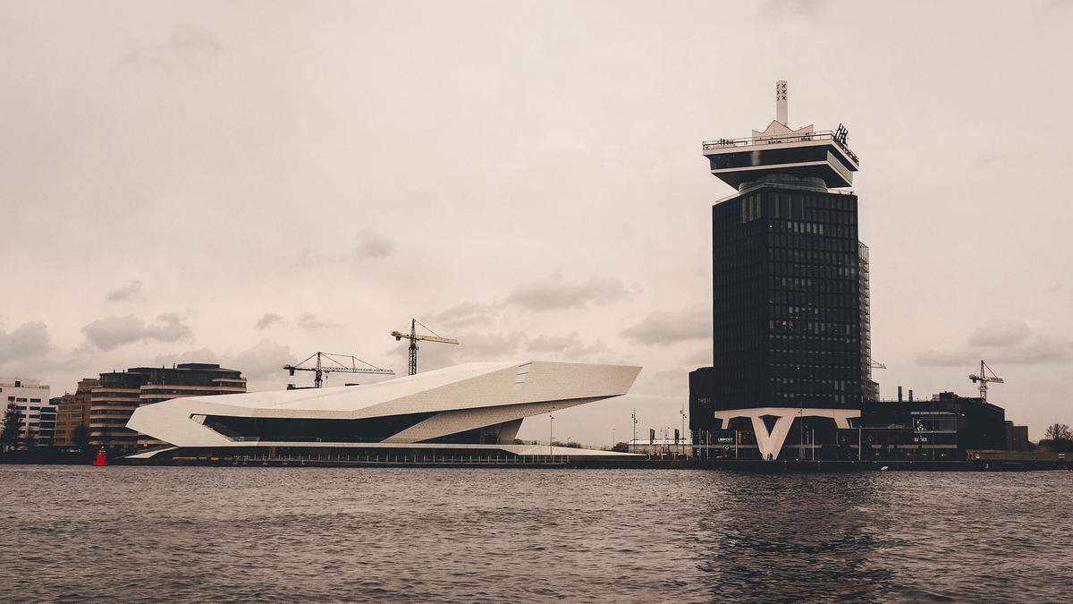 A'Dam Tower and Eye Filmmuseum on IJ River in Amsterdam