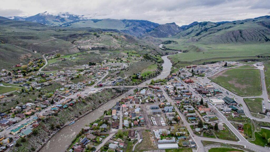Aerial view of Gardiner, Montana - Northern gateway to Yellowstone National Park