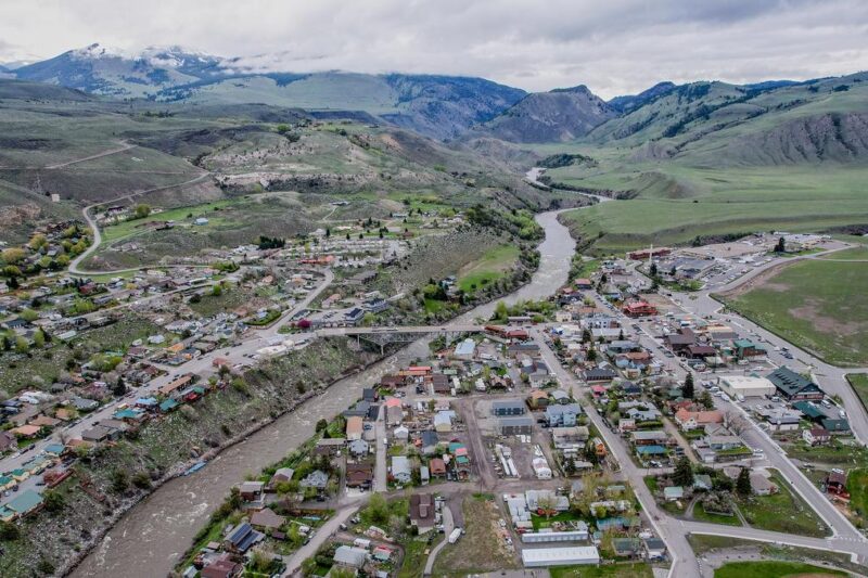 Aerial view of Gardiner, Montana - Northern gateway to Yellowstone National Park