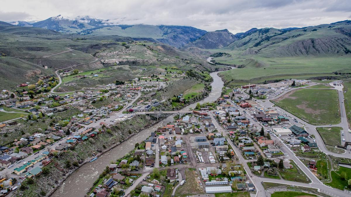 Aerial view of Gardiner, Montana - Northern gateway to Yellowstone National Park