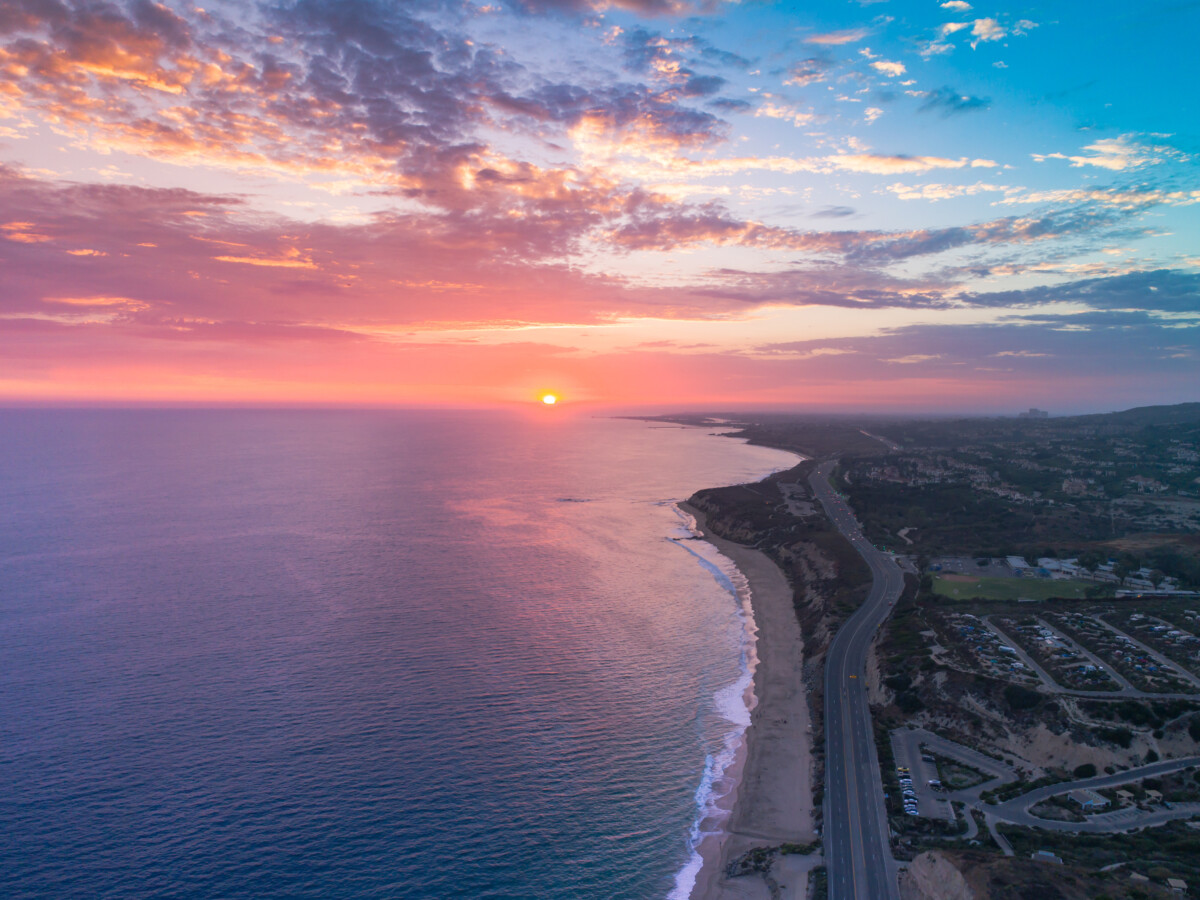 Aerial of Crystal Cove in Newport Beach overlooking Pacific Coast Highway