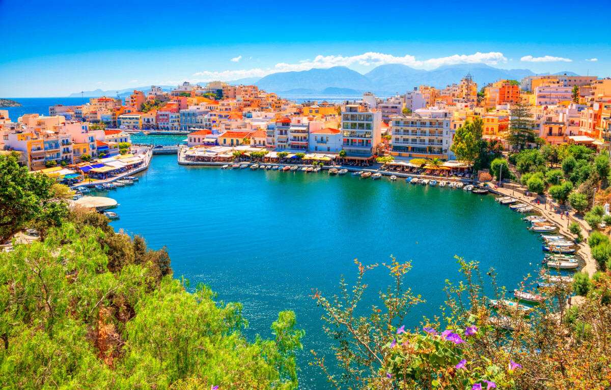 Panoramic view of a port in Agios Nikolaos in Crete, Greece