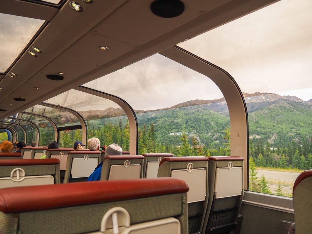 Passengers enjoying breathtaking Alaskan landscapes through the Alaska Railroad's dome car windows near Denali.