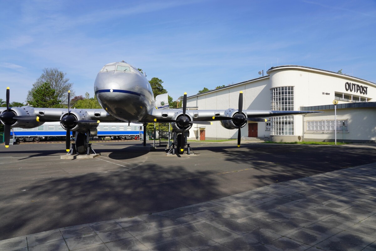 Plane display outside and Allied Museum building in Berlin, Germany