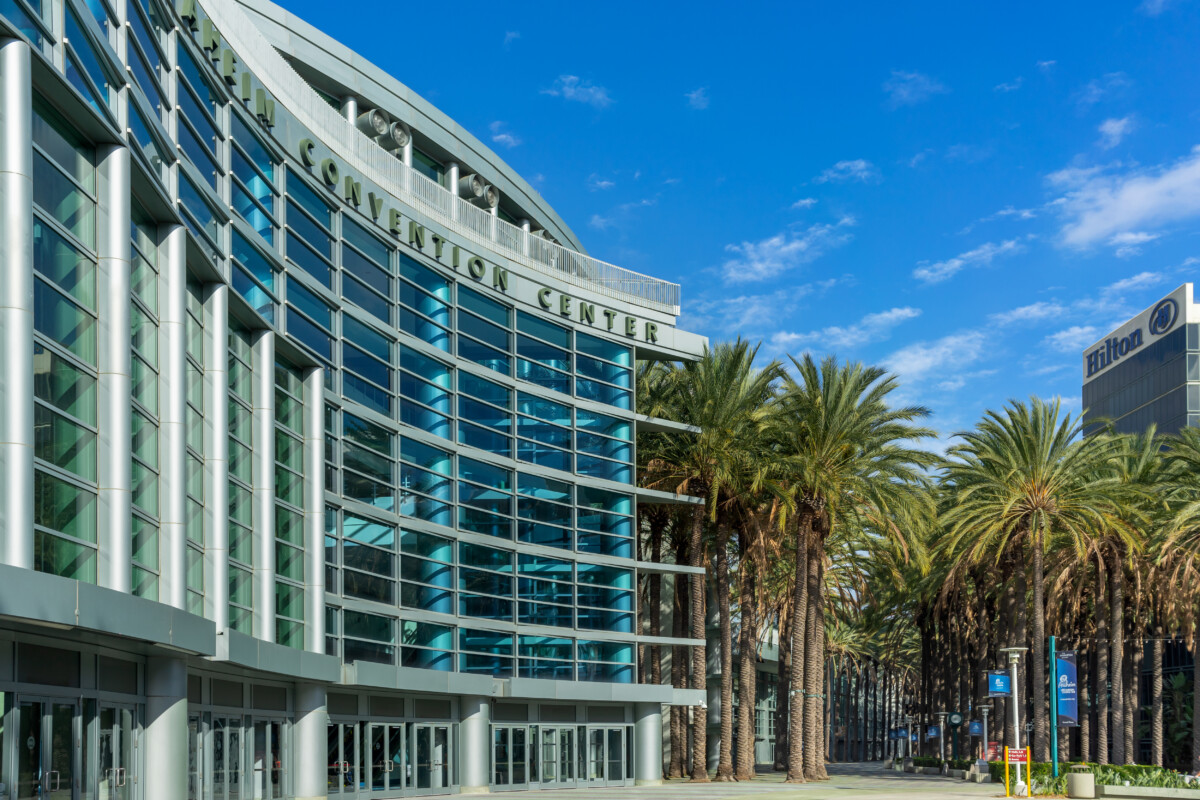 Building exterior and entrance of Anaheim Convention Center in Anaheim , California