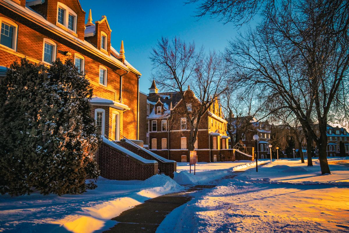 Historic Anoka State Hospital in winter, snow-covered architecture, Anoka, Minnesota