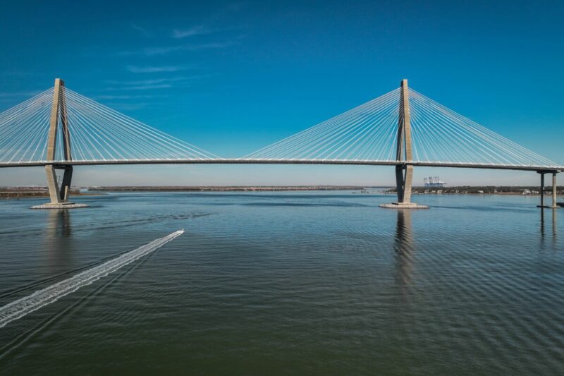 Aerial view of The Arthur Ravenel Jr. Bridge over river