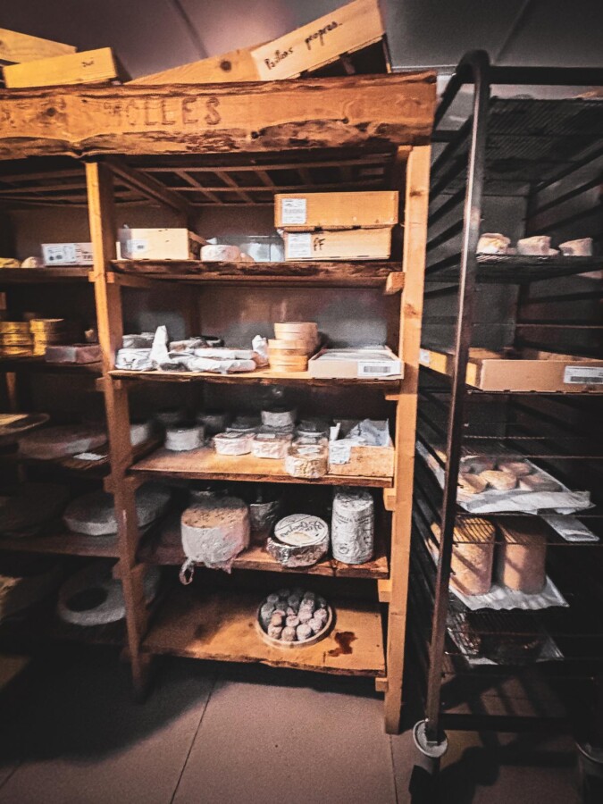Artisanal French cheeses aging in rustic Parisian cellar at Paroles de Fromagers.