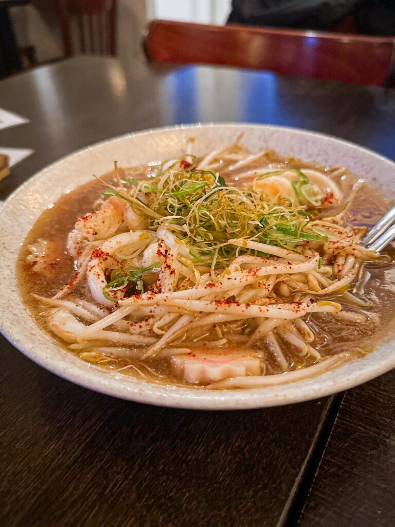 Close-up of soba noodles in broth at Restaurant Kyo