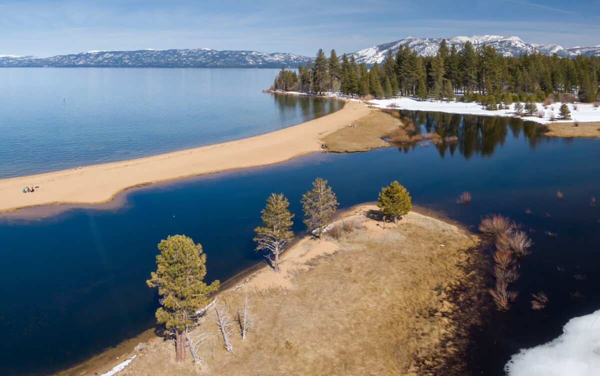 Aerial view of the Baldwin Beach on the scenic Lake Tahoe in California