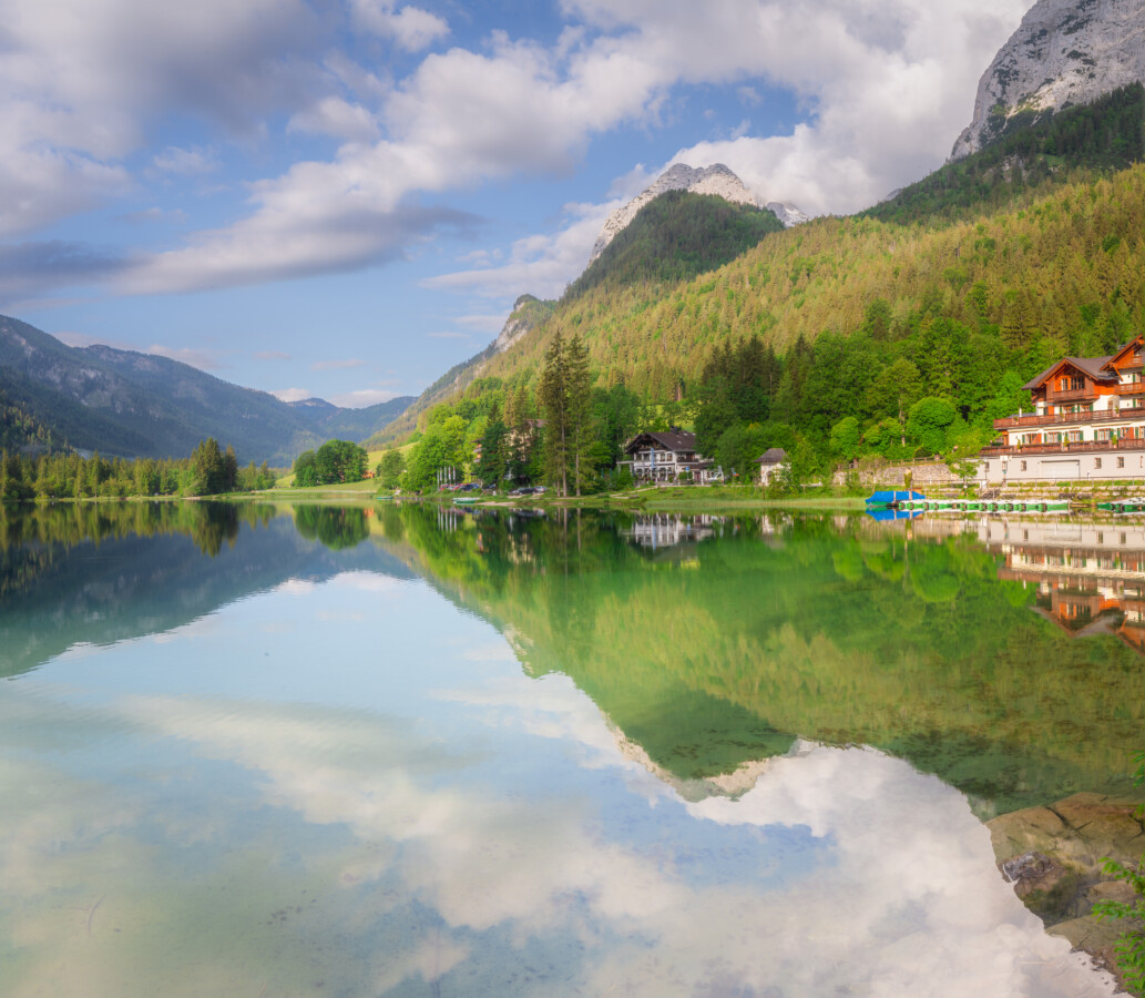 Hintersee lake and the Berchtesgaden Alps reflected in calm water