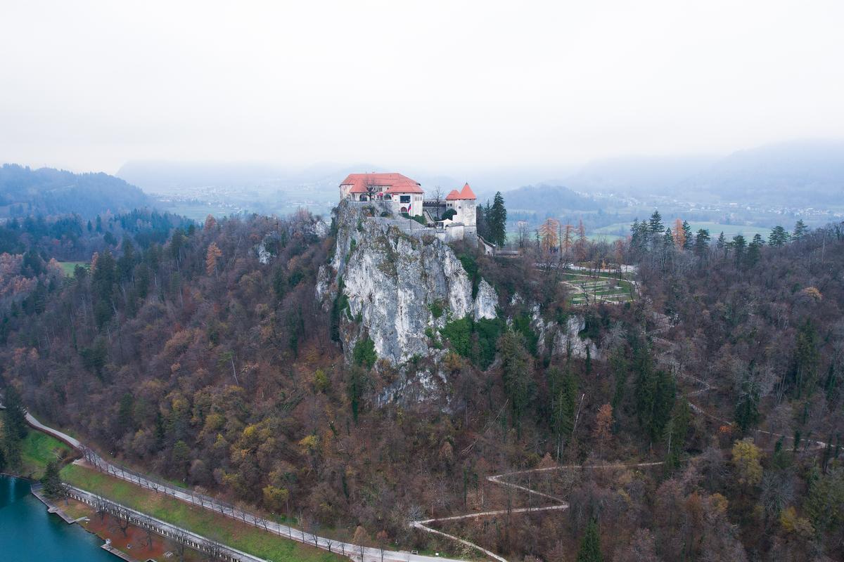 Aerial view of Bled Castle on cliff in Slovenia's scenic landscape