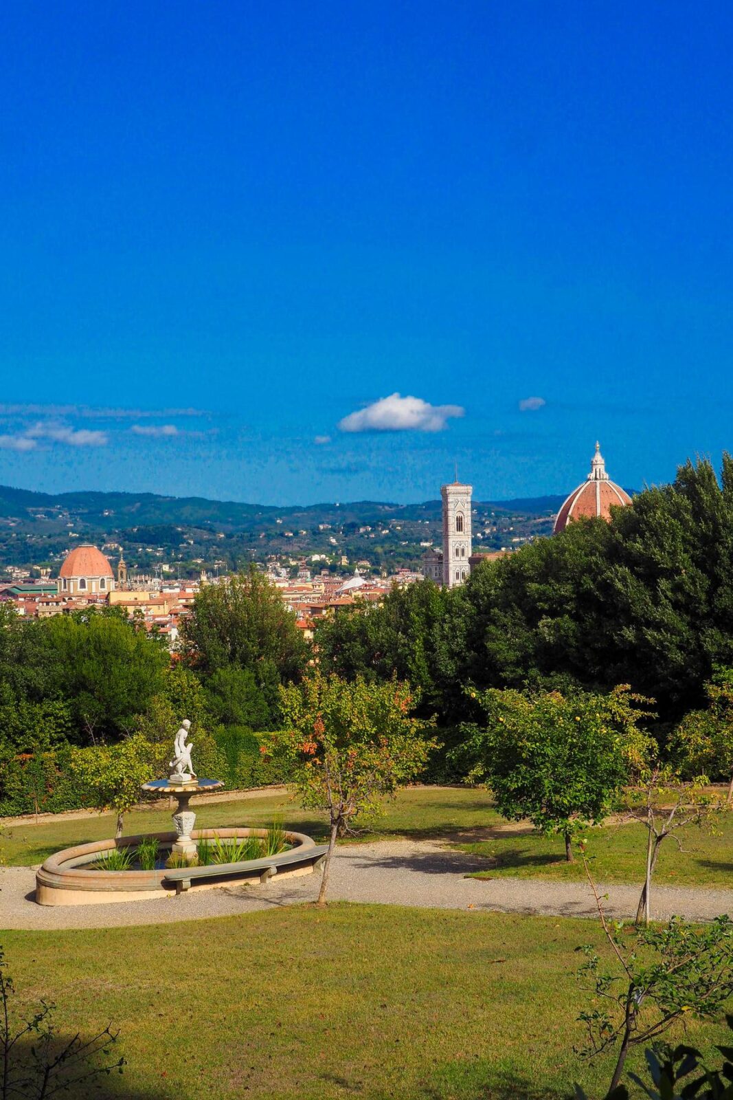 Boboli Gardens pathway with fountain and Florence skyline