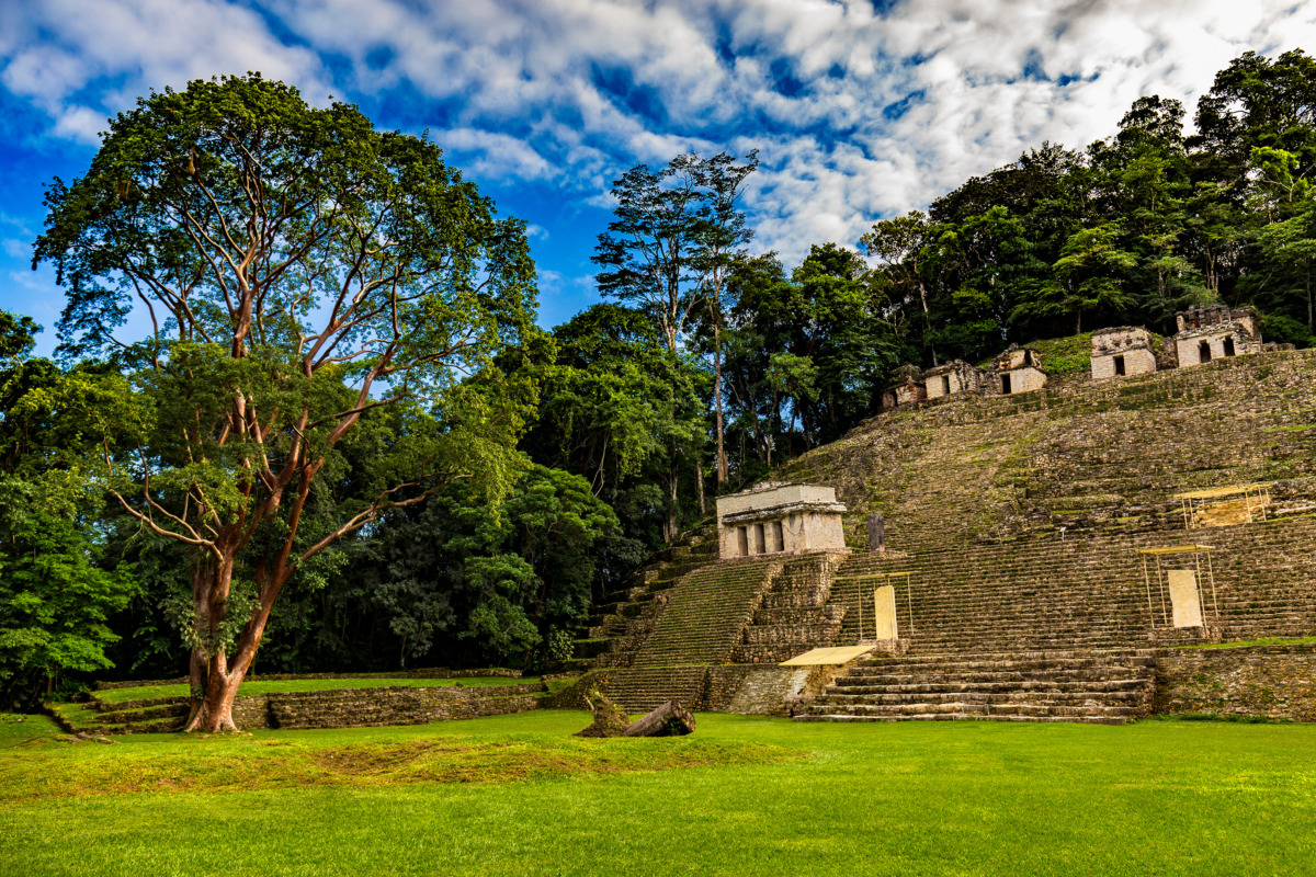 Terraced acropolis and open ground in at Bonampak Archaeological Site