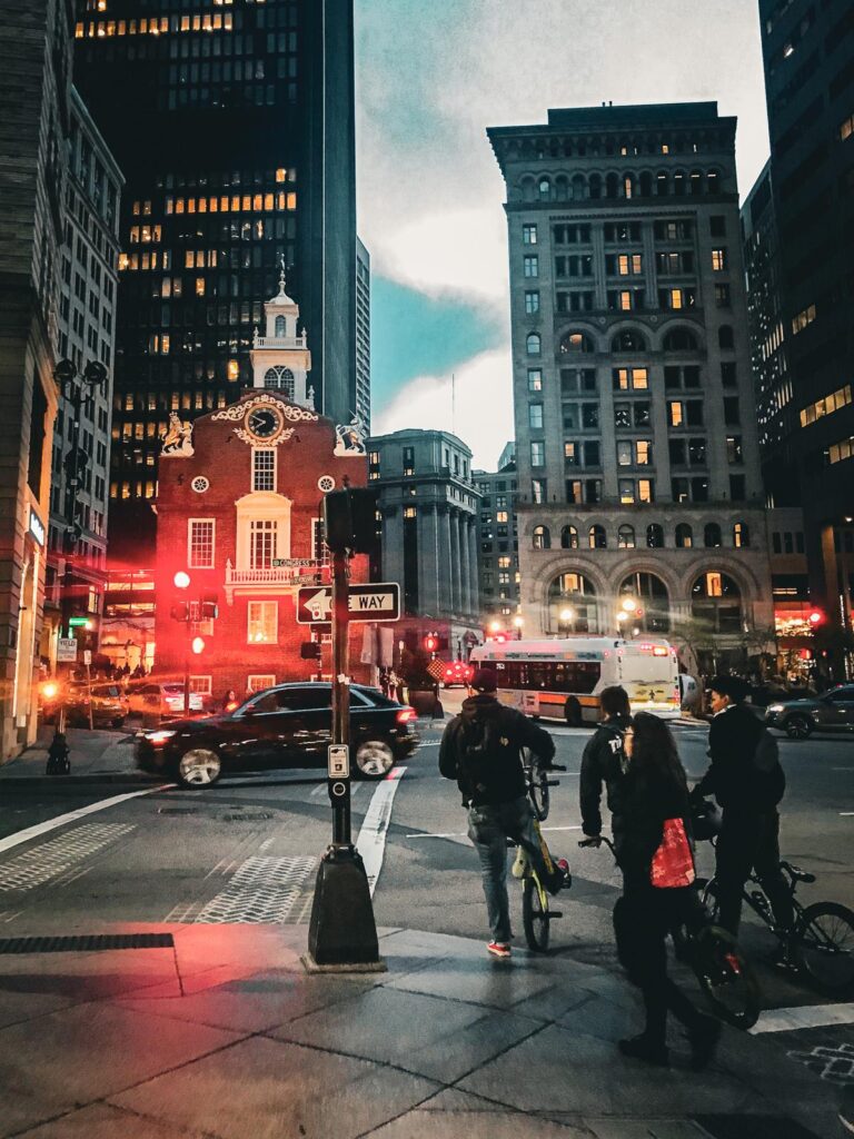 Twilight scene of historic and modern Boston intersection