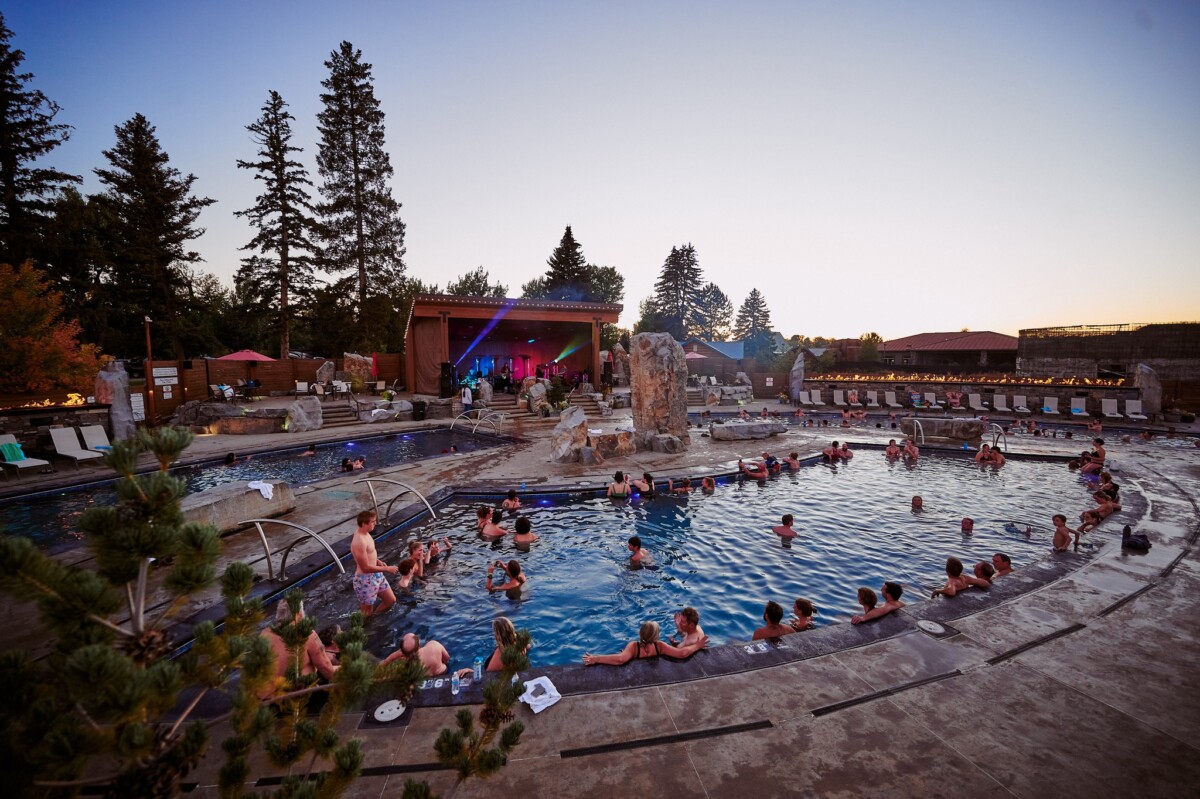 Crowd enjoying the Bozeman Hot Springs in Bozeman, Montana