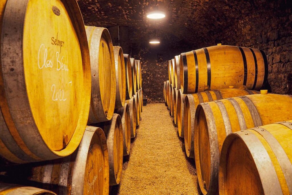 Authentic oak wine barrels in a historic Burgundy cellar, France.