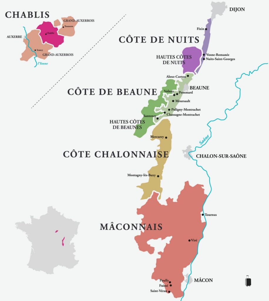 Map of Burgundy wine regions in France, highlighting Chablis, Côte de Nuits, Côte de Beaune, Côte Chalonnaise, and Mâconnais with marked towns and villages.