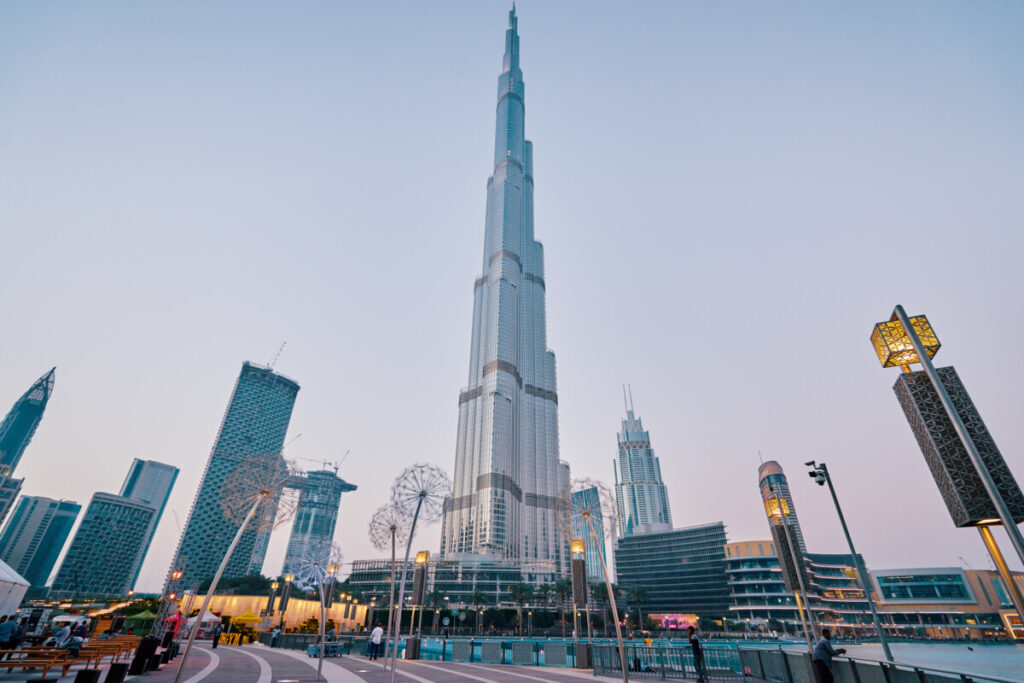 Burj Khalifa and doqwntown Dubai city streets
