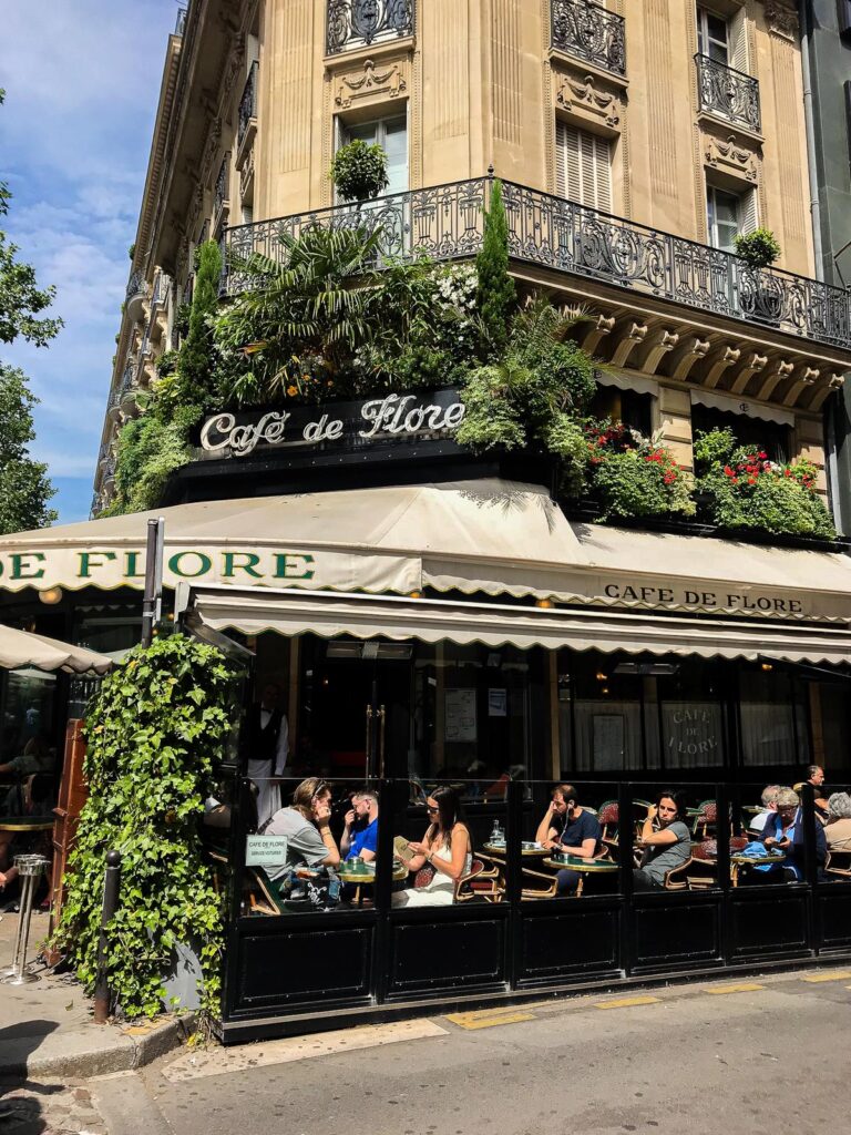 Café de Flore terrace bustling with diners in Paris