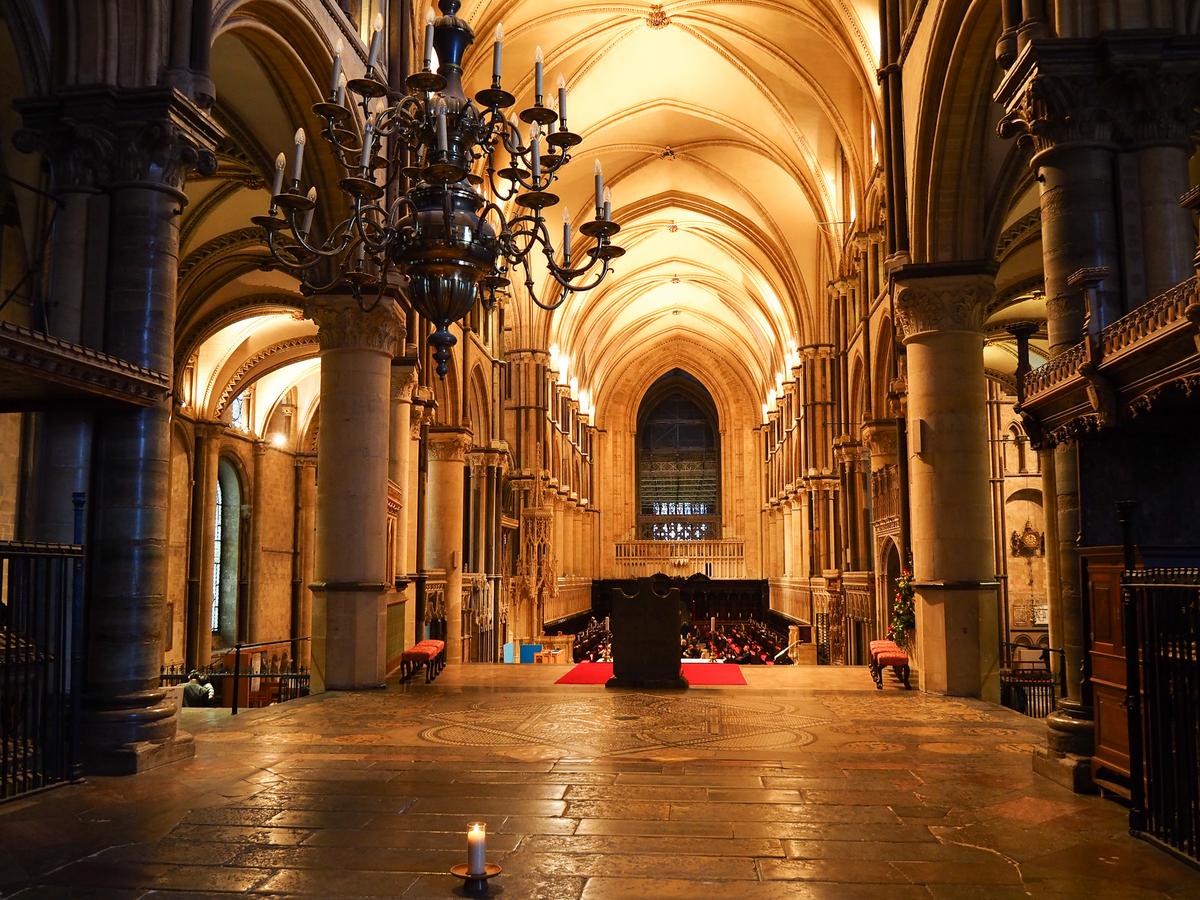 Canterbury Cathedral interior with Gothic columns and arches, historic site in Canterbury, UK