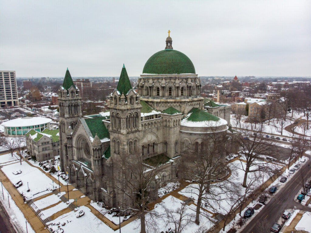 Front and exterior view of the Cathedral Basilica of Saint Louis in St. Louis, Missouri