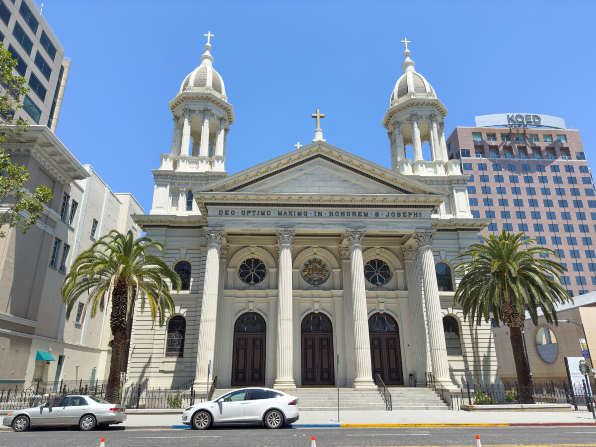 Cathedral Basilica of St. Joseph on W. San Fernando St in downtown seen in San Jose, CA