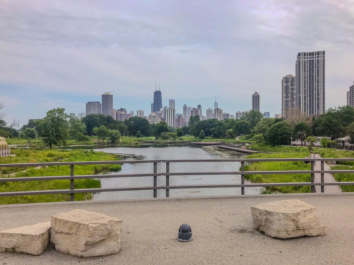 Chicago skyline from Lincoln Park with tranquil pond