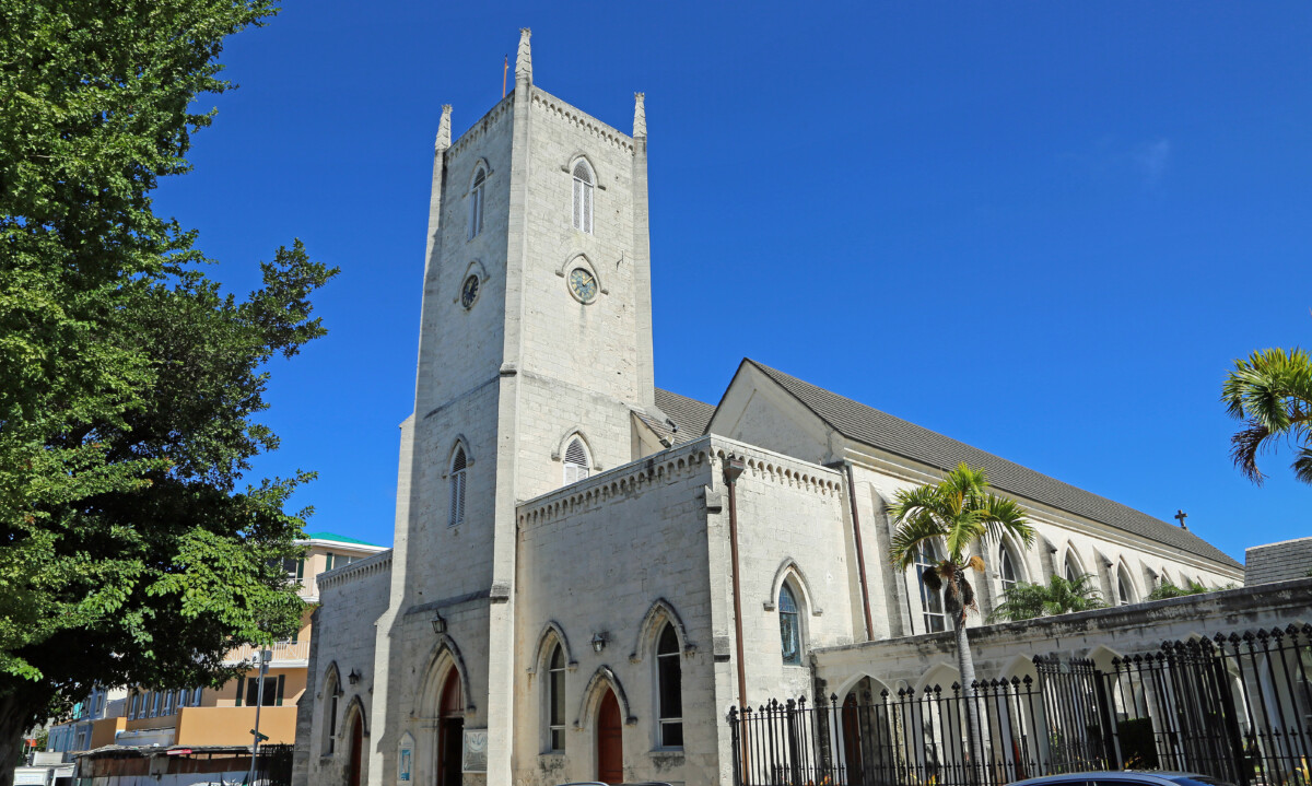 Gothic stone exterior of Christ Church Cathedral in Nassau