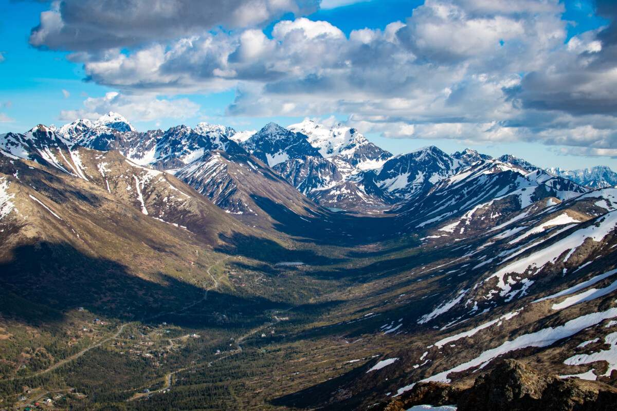 Aerial view of Chugach State Park glacial valley in Alaska