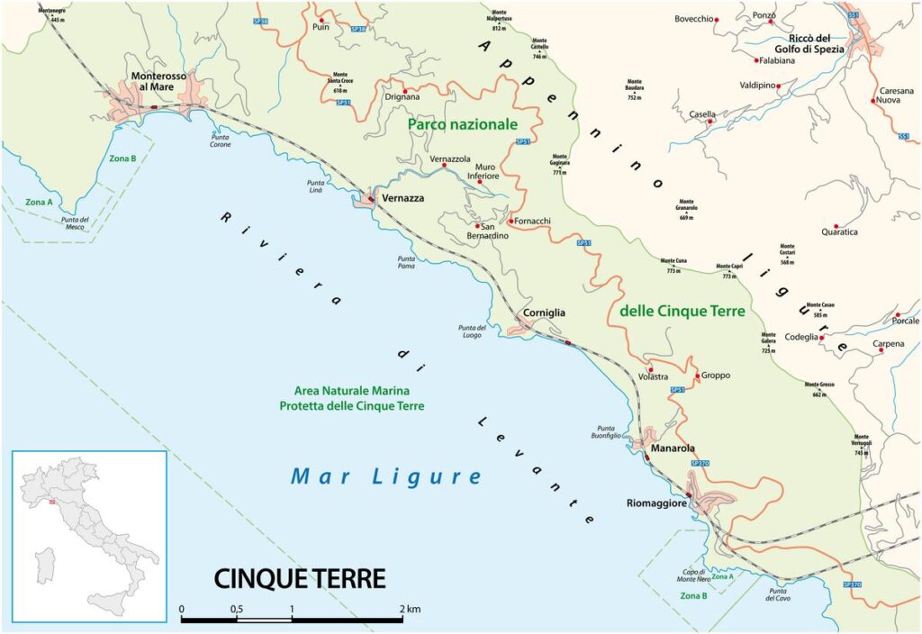 Cinque Terre Illustrated Road Map - Detailed map of the idyllic Italian Riviera, featuring Monterosso al Mare, Vernazza, Corniglia, Manarola, and Riomaggiore.