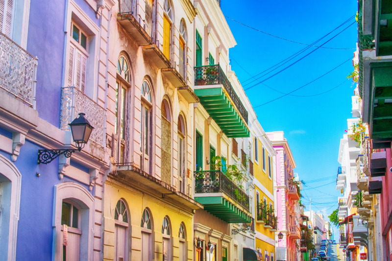 Vibrant streetscape in Old San Juan, Puerto Rico.