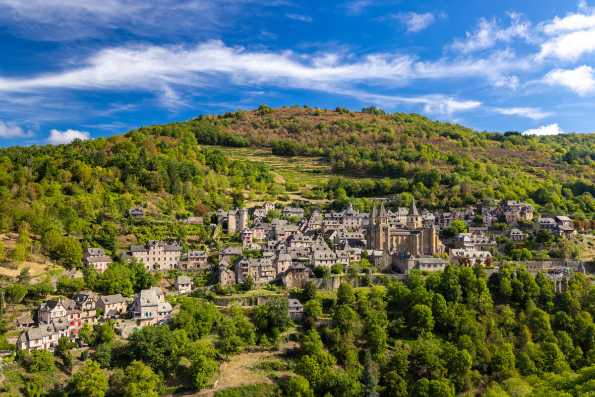 Aerial view of Conques village in Aveyron, France