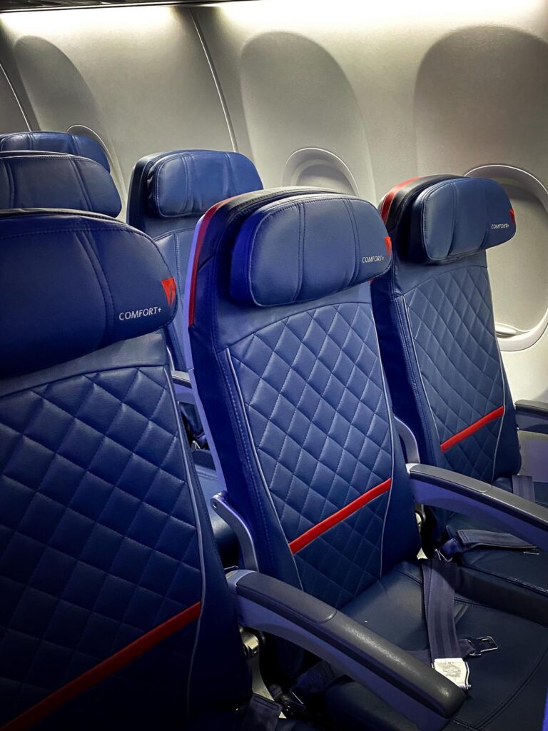Delta Air Lines Comfort+ Seating - Premium cabin with deep-blue quilted leather seats and ample legroom