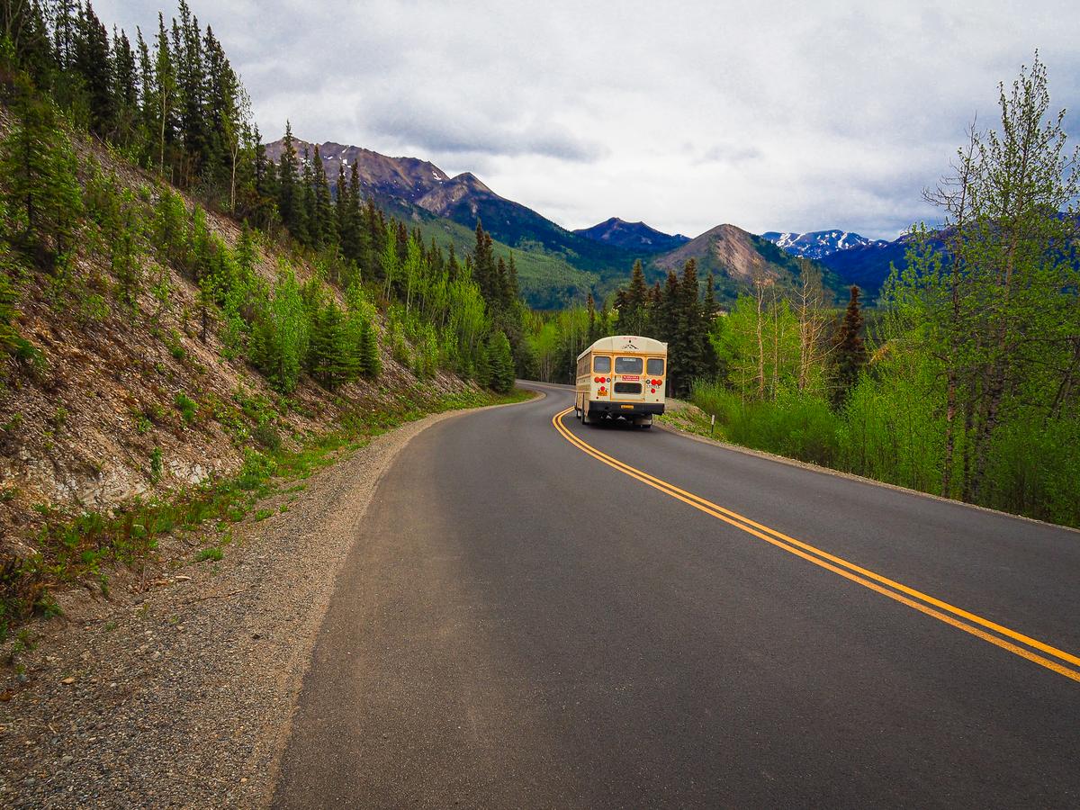 Scenic Denali National Park bus tour on winding alpine road