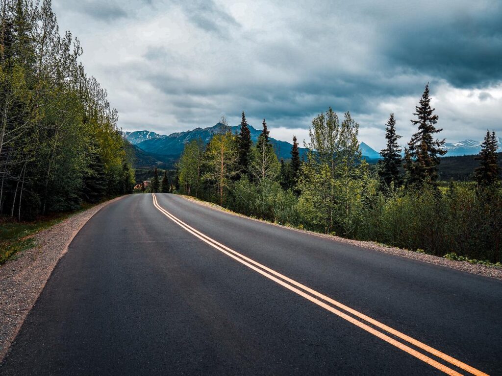 Scenic view of Denali Park Road winding through lush forests with mountains in Alaska landscape