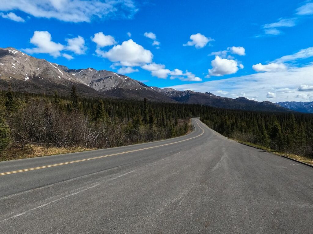 Alt-Text: Scenic view of Denali Park Road winding through forests and mountains under a partly cloudy sky, highlighting the unspoiled beauty of Alaska's landscapes.