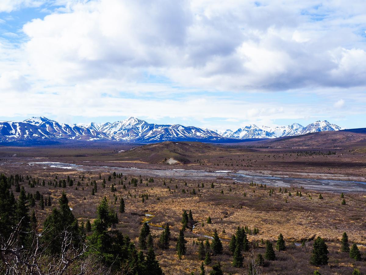 Tundra river valley and snow-covered Alaska Range in Denali National Park