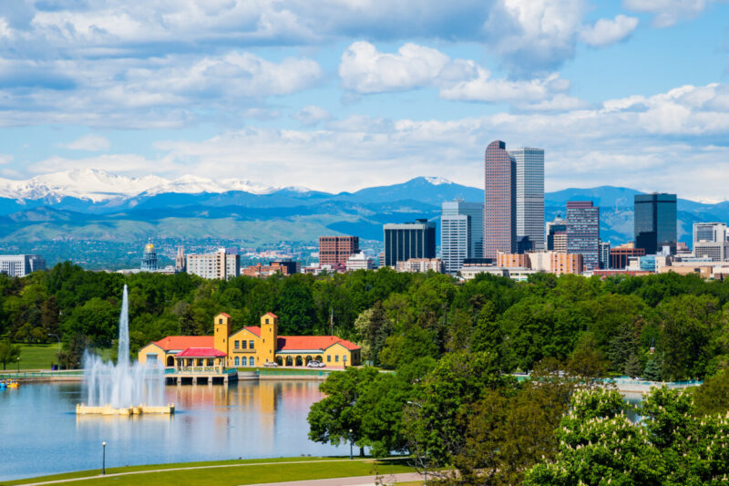 Denver City Park and skyline in Denver Colorado