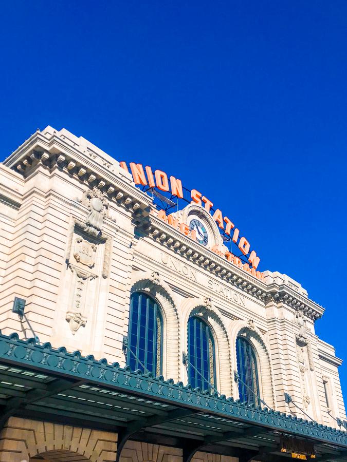 Denver Union Station exterior on a sunny day, iconic landmark and transportation hub